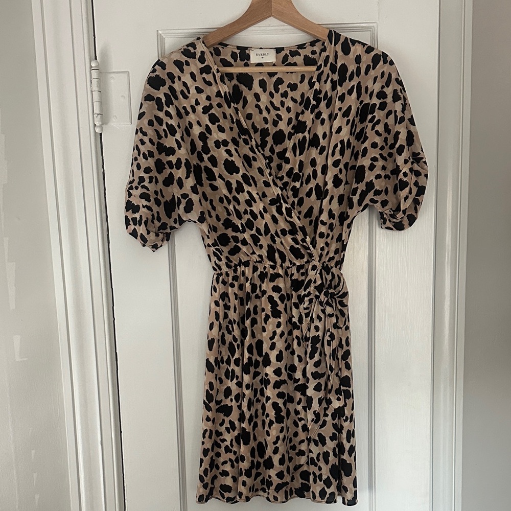 Everly Leopard Print Mini Wrap Dress - Beige & Black